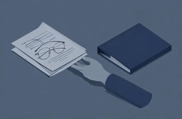 Illustration of a titanium glasses specification brief handing off to a quotation folder
