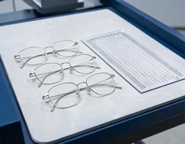 Unlabeled titanium glasses frames on an optical packing bench with a millimetre gauge
