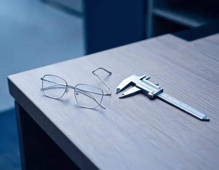 Titanium eyeglasses beside a sizing gauge on a buyer desk